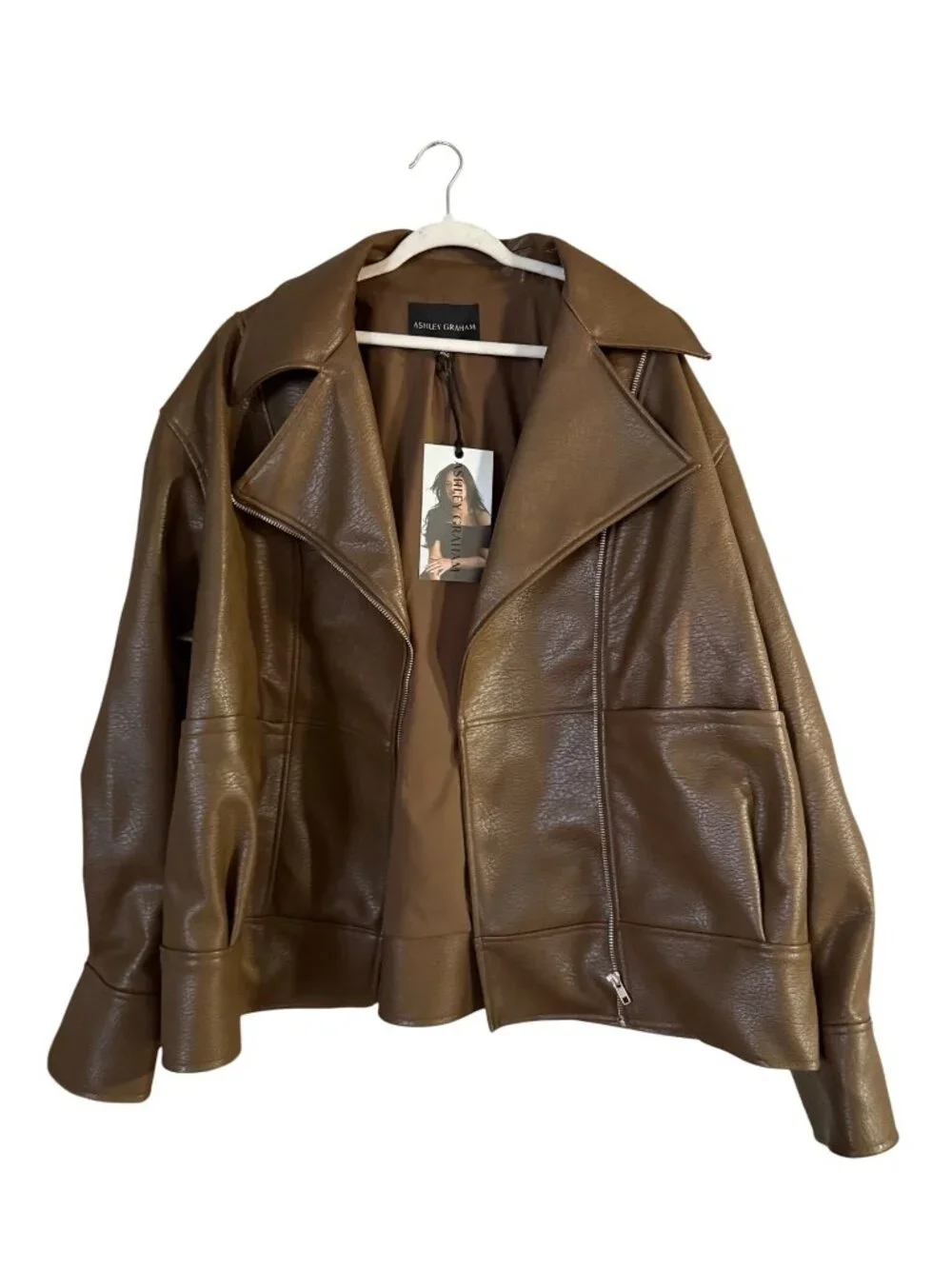 Ashley Graham Light Brown Faux Leather Moto Jacket 2X With Tags - Picture 3 of 6